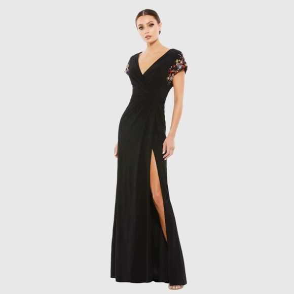 Mac Duggal 55709 NWT EMBELLISHED SLEEVE JERSEY WRAP GOWN